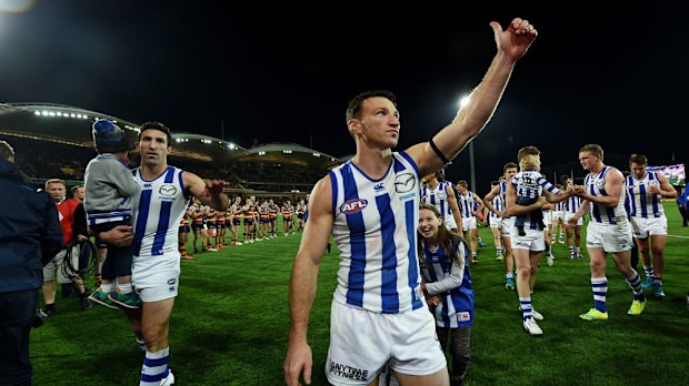 Kangaroos' legend Brent Harvey says goodbye after North went down to Adelaide.(AAP)
