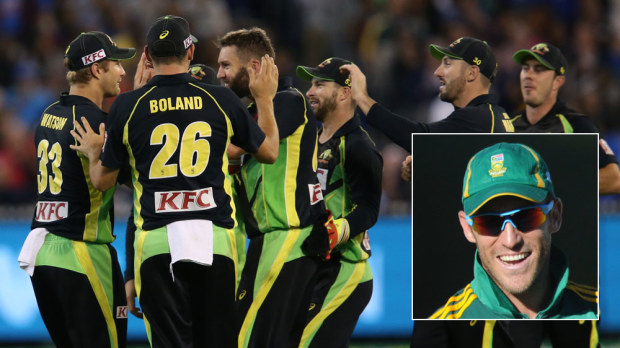 Aussie players celebrate a wicket in a T20 match and (inset) Faf du Plessis. (AAP)