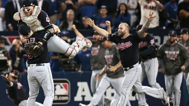 Cleveland Indians celebrate after defeating Toronto to make the major League World Series.(AAP)