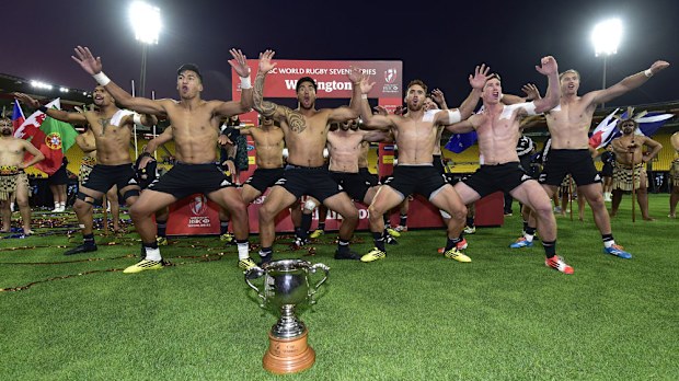 The Sevens All Blacks celebrate with a haka. (AAP)