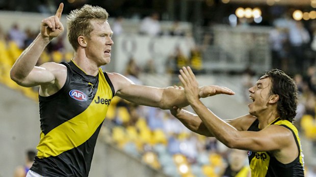 Richmond star Jack Riewoldt celebrates a goal against Brisbane. (AAP)