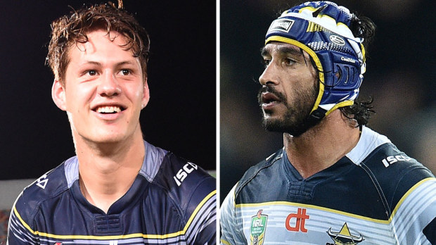Kalyn Ponga and Johnathan Thurston. (AAP)