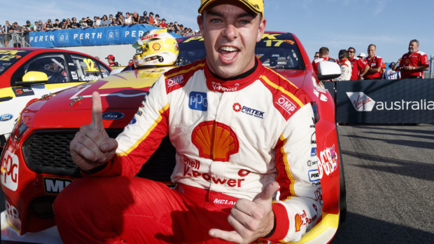 DJR Tean Penske's Scott McLaughlin celebrates his winning day in Perth.  (AAP)