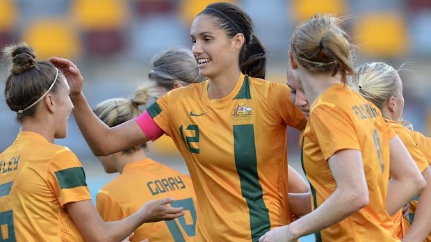 Kate Gill celebrates a goal with her Matildas teammates. (Getty)