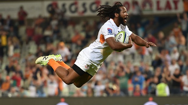 Sergeal Petersen dives over for a Cheetahs' try. (Getty) 