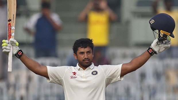 India batsman Karun Nair celebrates reaching 300 against England. (AAP)