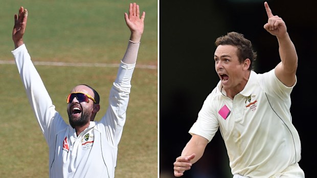 Nathan Lyon (l) and Steve O'Keefe face a challenge in the Test series against India. (AFP/AAP)