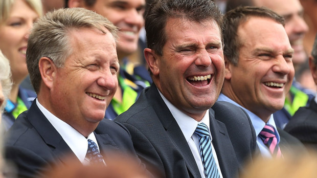 Channel Nine colleagues Ian Healy, Mark Taylor and Michael Slater. (Getty)
