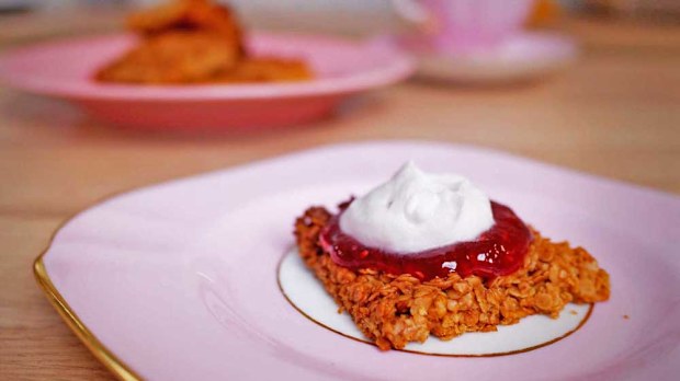 Three-ingredient Quarantine Kitchen flapjacks with surprise topping