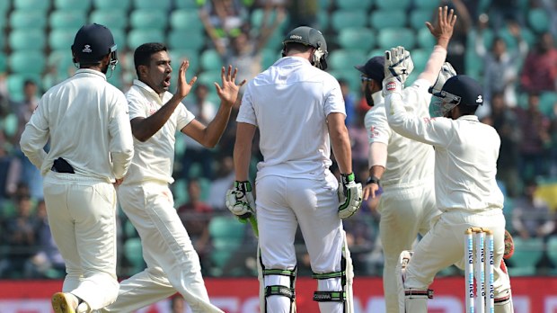 Indian players celebrate a wicket during their Third Test win over South Africa. (AFP)  
