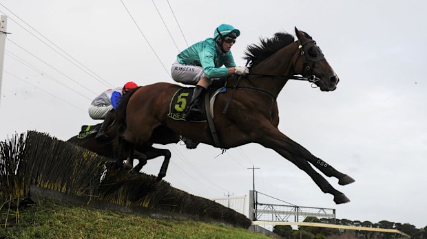 Brad McLean riding Valediction jumping the Tozer Road double before winning Race 6, the Brierly Steeplechase during Brierly Day at Warrnambool Race Club. (Getty)