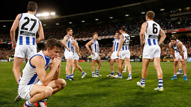 Kangaroos players react after their 2015 finals elimination. (Getty) 