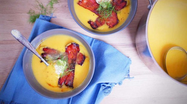 Winter warming pumpkin soup with candied bacon