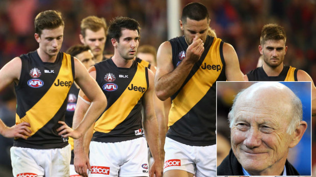 Tigers players walk off the field after their loss to the Demons and (inset) Kevin Bartlett. (Getty and AAP)