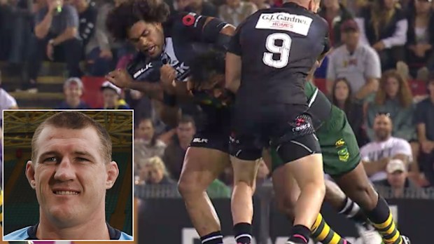 Adam Blair 'chicken wings' Sam Thaiday and (inset) Paul Gallen. (Supplied and AAP)