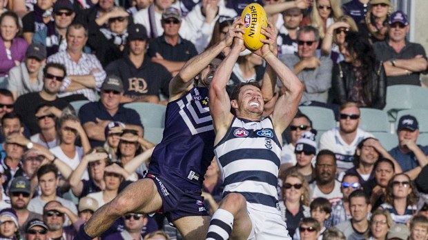 Fremantle's Joel Hamling and Geelong's Patrick Dangerfield.