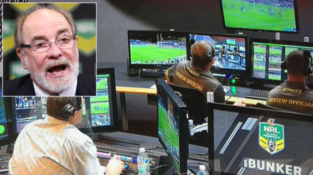 Inside the NRL bunker and (inset) John Grant. (Supplied and Getty) 