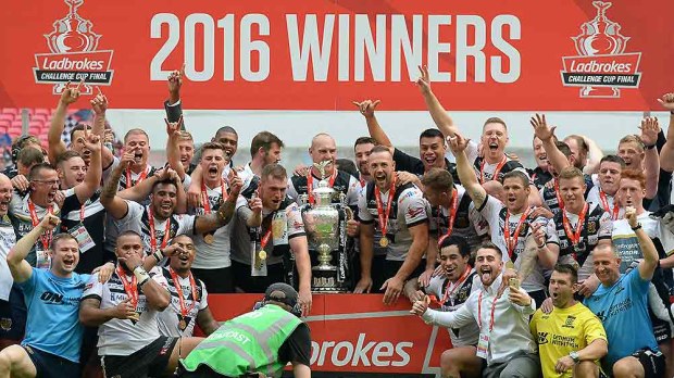 Hull FC players celebrate winning the Challenge Cup