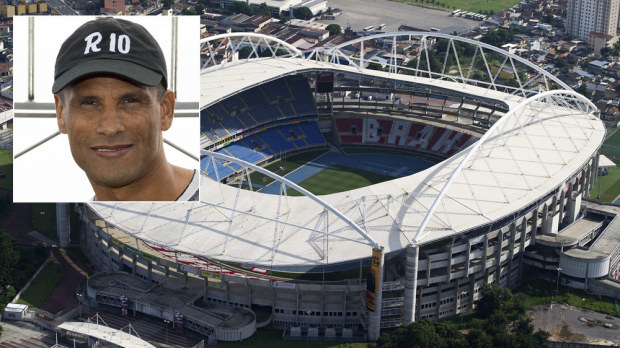 Brazilian football great Rivaldo (inset) and the Rio Olympics stadium. (Getty)