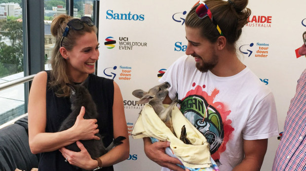 Peter Sagan and his wife Katarina with a kangaroo during his time in Australia. (AAP)