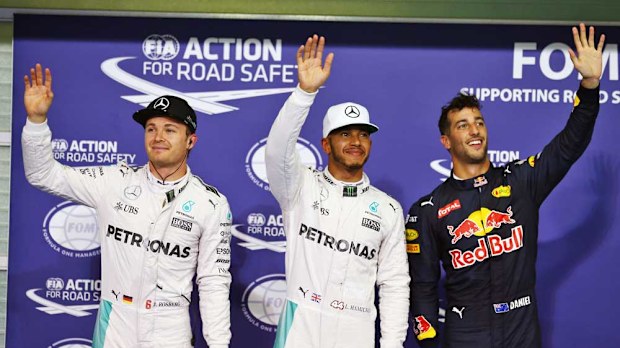 Lewis Hamilton (middle) has taken pole for the season-ending race in Abu Dhabi. (AAP)