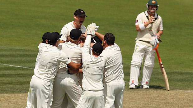 New Zealand players celebrate a wicket against Australia in Hobart in 2011. (Getty)