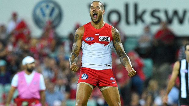 Lance Franklin celebrates a goal against Collingwood earlier this season. (AAP)