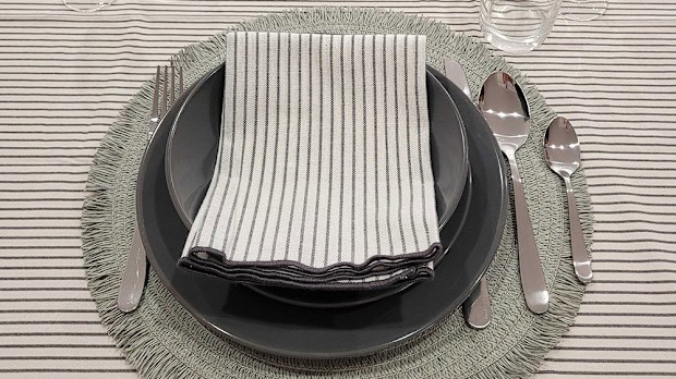 Kmart table setting, dinnerware charcoal stripe tablecloth