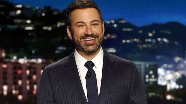 In this April 11, 2017 photo, host Jimmy Kimmel appears during a taping of "Jimmy Kimmel Live," in Los Angeles. Kimmel says his newborn son is home and doing great after open-heart surgery. A tearful Kimmel turned his show's monologue Monday, May 1, into an emotional recounting of the crisis with what Kimmel called a "happy ending."  (Randy Holmes/ABC via AP)