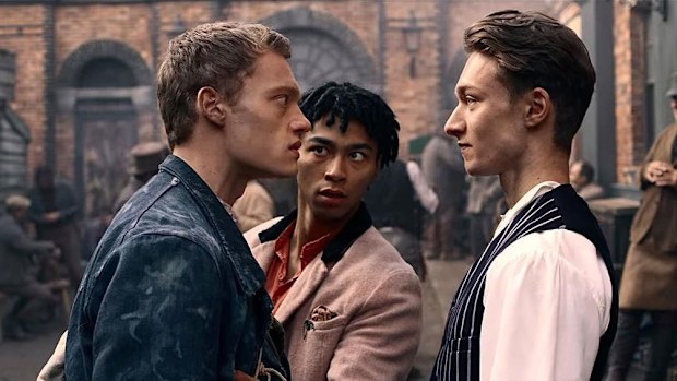Scene from The Irregulars featuring (L-R) Jojo Macari, Mckell David and Harrison Osterfield