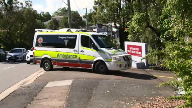An ambulance arrives at Mitchelton State High School. Picture: 9NEWS
