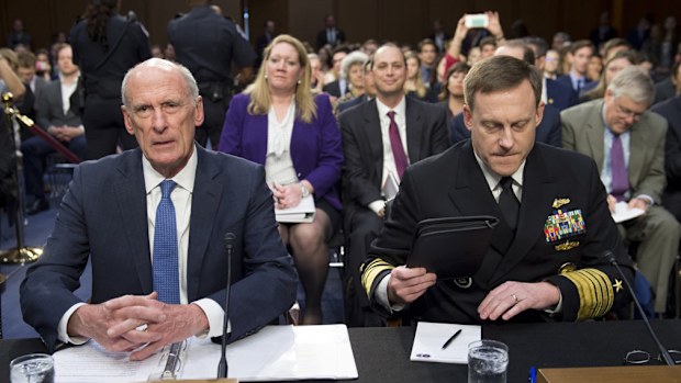 National Security Agency (NSA) Director Michael Rogers (R) and Director of National Intelligence Dan Coats (L) testify during a Senate Select Intelligence Committee hearing on the Foreign Intelligence Surveillance Act on Capitol HIll in Washington, DC, June 7, 2017. (AFP)