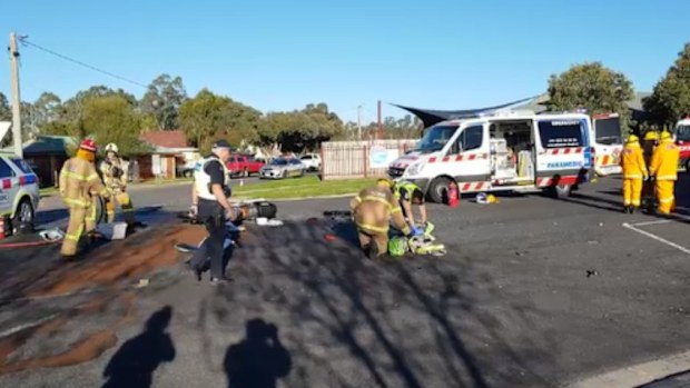 Emergency services remain at the scene in Kangaroo Flat, near Bendigo. Picture: 9NEWS
