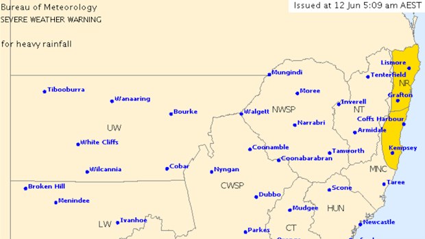 Heavy rain will continue about the Northern Rivers and on the Mid-North Coast. (Bureau of Meteorology)