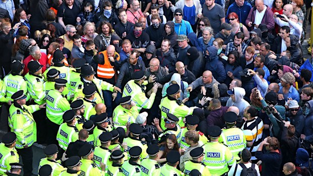Police intervene in Liverpool to protect members of National Action in August 2015. (File/AAP)