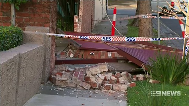 A brickwall and entry gate blew down in Flemington. (9NEWS)