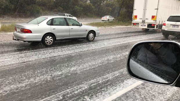 Hail on the freeway. 