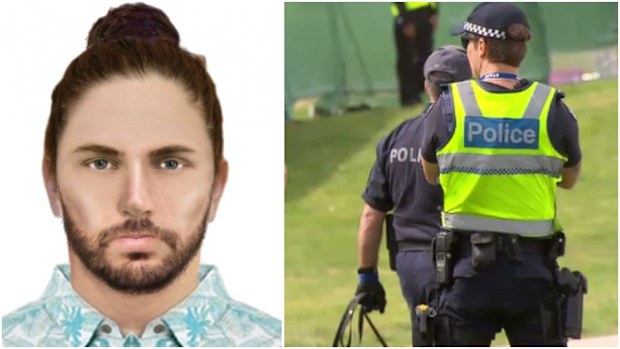Police are searching for the man on the left following the sexual assault at St Kilda's Listen Out festival on the weekend. 