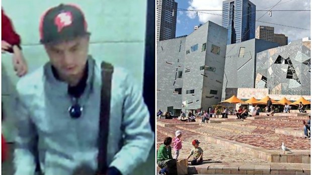 Police are hunting this man after he allegedly took photos of young boys in the bathrooms at Federation Square. (Supplied)