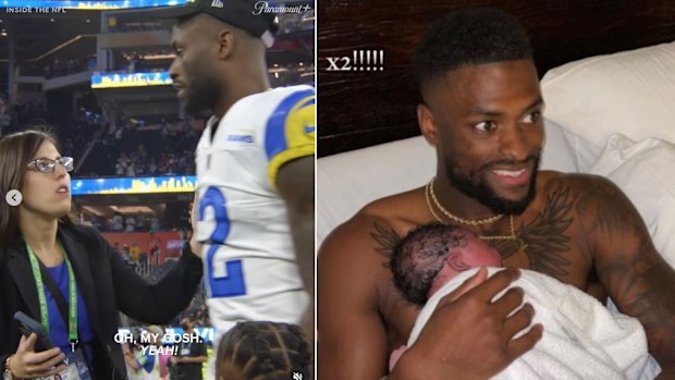 Van Jefferson at Super Bowl being told his wife is in labour and pictured with his new son.