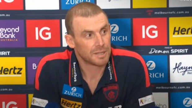 Simon Goodwin addressing media post-match.