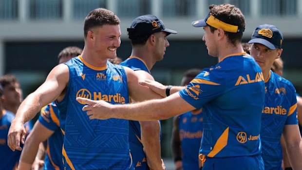 New halves pairing Jonah Pezet and Mitchell Moses during Eels pre-season training.