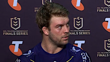 Christian Welch had a hilarious reaction to the news that his beloved Demons had been knocked out of the AFL finals after being edged by the Blues in their semi final.