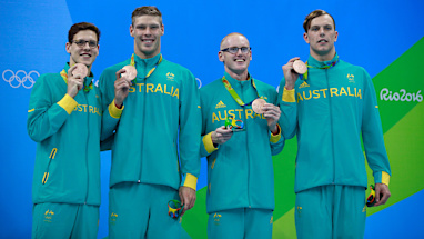 The men's 4x100m medley relay team of Mitch Larkin, Jake Packard, David Morgan and Kyle Chalmers snared a bronze medal thank's to Chalmers' fast finish. (Getty)