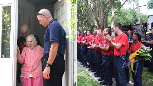The local fire department made a surprise visit to widow Jeanette Carty for her 100th birthday. (Facebook/Norfolk Fire-Rescue)