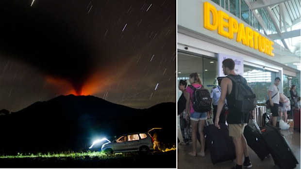 Mount Ruang erupts (left) and passengers at an airport in Bali. (AAP/EPA)