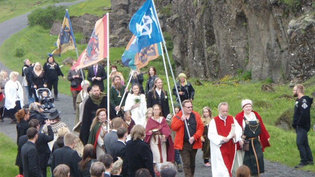 High priest Hilmar Orn Hilmarsson and adherents of Norse neo-paganism during a procession. (Supplied)