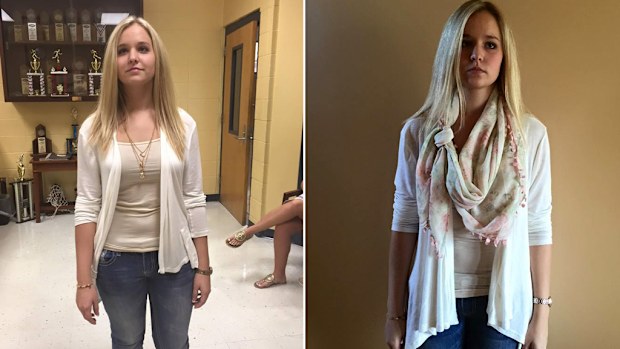 Stacie Dunn posted these photos of her daughter Stephanie and said the high school had said both outfits were inappropriate. (Facebook)