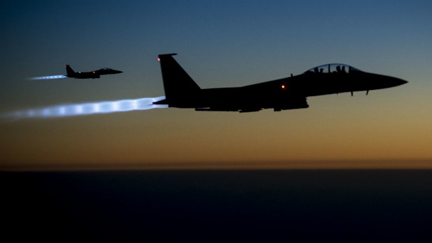 A US F-15 conducting air strikes over Syria. (AAP/USAF)
