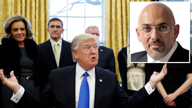 US President Donald Trump (main) and British MP Nadhim Zahawi (inset). (AAP, Twitter) 